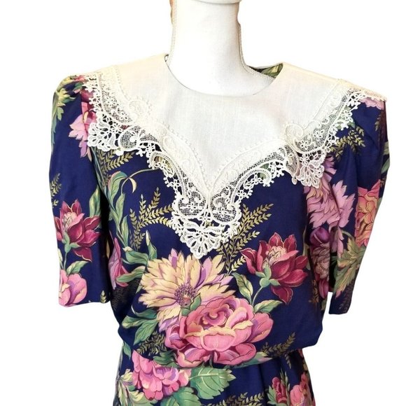 Vintage 80s Floral Blue Blouson Midi Dress Exaggerated Collar Cottage Core Small - Picture 3 of 8